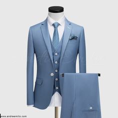 Benefits of Choosing our Sky Blue 3 Piece Suit Our tailors stitch to deliver the finest quality with superior fit as per your requirements. We have a catalog full of bespoke suiting designs where you can choose the suit design. If you don’t find what you are looking for. You can go with your own choice of suiting elements. Where you can choose suit lapels, buttons, jacket style, and a number of buttons on cuffs with your monogram embarrassed on jacket cuff. A bespoke suit is not only giving you Blue Suits With Hidden Button Closure For Office, Blue Suits With Hidden Button Closure And Suit Collar, Solid Color Winter Suits For Office Wear, Winter Office Wear Classic Suit, Winter Office Wear Suits, Blue Single Button Suit For Office, Blue Single Button Office Suit, Elegant Slim Fit Three-piece Suit With Pockets, Blue Three-piece Suit With Welt Pockets For Business Casual