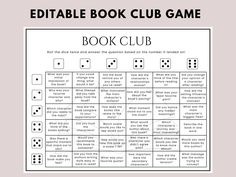 a printable book club game with dices on the front and back cover, which is