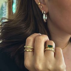 Emerald Stacker Ring | Rune and Light Green Emerald Gold Ring, Emerald Stacking Ring, Ring Stack Aesthetic, Stacked Rings Aesthetic, Ring Stack Gold, Red Means, Emerald Statement Ring, Stacked Rings, Ring Stacks