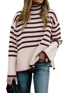 PRICES MAY VARY. SIZE - S=US(4-6), M=US(8-10), L=US(12-14), XL=US(16）, PLEASE CHOOSE ONE SIZE SMALLER THAN USUAL!! MATERIAL - This long sleeve striped sweater for women 2023 is made of soft knitted woven finish. Thick and breathable, skin-friendly and stretchy. Stay warm in fall and winter. FEATURE - Women's striped printed sweater/Long sleeve sweater with flared sleeve end detail can roll up free/winter chunky knit warm pullover tops/fashion turtleneck/soft stretch high neck/trendy side split d