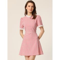 With the above-knee-length style, this Regular Fit plaid-print short-sleeve dress is fitted at the bust and waist. Featuring a lace neckline, and plaid print, it has an invisible side zip. Show your feminine style with this sweet lace-up round-neck dress. Soft fabric ensures all-day comfort. It is a perfect choice for weekends, holidays, and daily wear. A good choice for your wardrobe, a classic plaid design will always be on trend. Flowy Chiffon Dress, Plaid Summer Dress, Vintage Red Dress, Checkered Dress, Floral Shirt Dress, Mini Skater Dress, Lace Neckline, Check Dress, Denim Shirt Dress