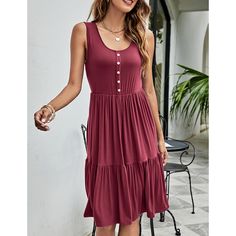 Burgundy Cotton Blend U Neck Sleeveless Button Tank Dress Solid Sleeveless Dress With Buttons, Sleeveless Button Closure Midi Dress For Beach, Sleeveless Midi Dress With Button Closure For Beach, Sleeveless Dress With Buttons, Casual Sleeveless Dress With Buttons, Sleeveless Buttoned Midi Dress Casual, Casual Sleeveless Midi Dress With Buttons, Knee-length Buttoned Sleeveless Sundress, Knee-length Sleeveless Sundress With Buttons