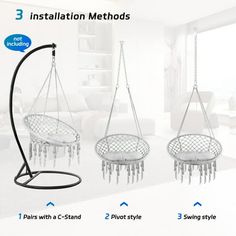 three hanging chairs with chains attached to them and instructions on how to install them in the living room