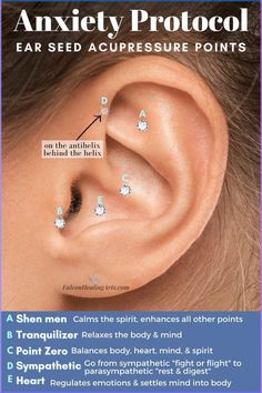 Learn how to reduce anxiety naturally with ear seeds which are effective, easy to use, appealing to wear, and don't have side effects! Ear Points Acupressure, Accupressure Point Ear, Shen Men Ear Piercing Benefits, Ear Piercings Accupuncture, Ear Seeds Acupressure, Ear Piercing Acupuncture Points, Ear Accupunture, Ear Seeds Placement Chart