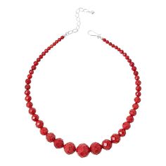 Jay King Sterling Silver Red Coral Graduated Bead 18" Necklace Add rich, red color and texture to your neckline with this handcrafted, coral bead necklace. Its faceted beads and classic silhouette makes a chic, stylish statement anytime. From Jay King.       Approx. 18"L x 11/16"W with 2-3/4" extender     Stamped .925     Hook closure     Necklace has faceted, round red coral beads strung in graduated silhouette   Stone Information       All sizes and weights approximate     Stabilized Compressed Color-Enhanced Red Coral - Faceted round (5-18mm); harvested in Indonesia Elegant Red Faceted Necklace, Red Coral Necklaces For Party, Red Coral Necklace For Party, Elegant Red Coral Beaded Necklace With Faceted Beads, Red Gemstone Beads Necklace For Party, Red Jewelry With Faceted Beads, Red Coral Beaded Necklaces With Faceted Beads, Red Crystal Necklace With Gemstone Beads, Red Crystal Necklaces With Gemstone Beads