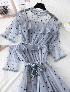 Cute polka dot short sleeve dress summer dress Fabric: tulle Color: pink,black, gray,white Size(cm): S, M, L, XL S length 106cm bust 90cm sleeve length 24cm M length 107cm bust 94cm sleeve length 25cm L length 108cm bust 98cm sleeve length 26cm XL length 109cm bust 102cm sleeve length 27cm Elegant Half Sleeve Mini Dress For Summer, Gray Short Sleeve Midi Dress For Summer, Fitted Short Sleeve Mesh Dress For Spring, Fitted Mesh Dress With Short Sleeves For Spring, Gray Knee-length Midi Dress For Summer, Gray Knee-length Summer Midi Dress, Blue Mesh Dress For Summer, Cute Summer Midi Dress For Party, Gray Summer Party Dress