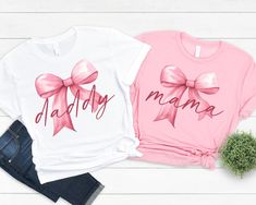 Pink Bow Birthday or Baby Shower Family Shirts  Processing of your order takes 4-9 business days, then shipping is First Class so allow another 3-6 business days.  I only have white for the cousin/brother/sister shirts. Shirts will come on colored shirts as pictured.  Don't see the name you are looking for? I can make it for you! Please read then purchase the Personalization fee: https://www.etsy.com/listing/962838250/personalization-fee-5-for-family-shirt?ref=listings_manager_table Now the whol Father's Day Pink T-shirt With Letter Print, Pink Custom Print T-shirt For Family Matching, Pink Family Matching T-shirt As Gift, Family Matching Pink T-shirt As Gift, Personalized Pink Tops For First Birthday, Personalized Pink Top For First Birthday, Personalized Pink T-shirt For Mother's Day, Custom Pink Tops For First Birthday, Pink Family Matching Tops For First Birthday