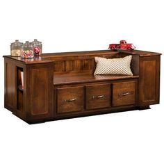 Amish USA Made Handcrafted Bradley Bench sold by Online Amish Furniture LLC Bench Storage With Drawers, Open Front Storage Bench, Bench With Two Shelves, Benches With Shelves, Wood Storage Bench With Back, Drawer Seat, Side Shelves, Entryway Benches, Bench Storage