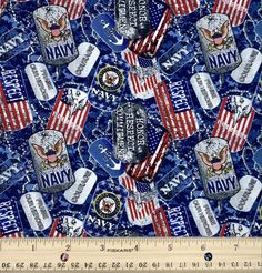 an american flag and police badges on blue fabric with white stars, stripes and dots