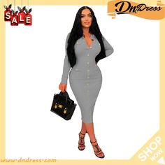 Sexy Slim Fit Solid Color Ribbed Long Bodycon Dress Ribbed Club Bodycon Dress, Chic Ribbed Bodycon Dress For Club, Gray Fitted Midi Bodycon Dress, Ribbed Bodycon Club Dress, Club Bodycon Ribbed Dress, Fitted Gray Bodycon Dress For Winter, Party Dress Women, Women Dress Online, Long Bodycon Dress