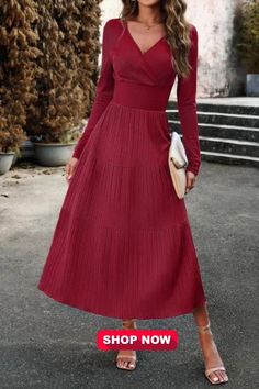 Indulge in timeless elegance with this Women's Fashion Solid Color Autumn Elegant V-neck Long Sleeve Maxi Dress. Crafted for the autumn season, its rich solid color and graceful V-neckline perfectly complement the long sleeves and flowing maxi length. Elevate your style and embrace the season with this exquisite dress. Fitted V-neck Maxi Dress For Fall, Red V-neck Maxi Dress, Fitted V-neck Maxi Dress For Winter, Fall Casual Midi Dress With Surplice Neckline, Chic Long Sleeve V-neck Dress, Chic Long Sleeve V-neck Dress In [color], Non-stretch Solid Color V-neck Midi Dress, Casual Long Sleeve V-neck Dress In Solid Color, Fall Solid Color Midi Dress With Surplice Neckline