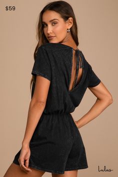 The Lulus Casual Cutie Washed Black Short Sleeve Romper is the easiest way to look cute this season! Garment-washed cotton jersey knit shapes this romper that has a V-neckline, short sleeves, and a blousy bodice with a back keyhole and tying closure at the neck. An elasticized waist tops flowy shorts to complete the look. Fit: This garment fits true to size. Length: Above mid-thigh. Size medium measures 32" from shoulder to hem. Inseam: 3.00 Front Rise: 12.00 Bust: Great for any cup size. Waist: Black Tank Romper Outfit, Country Concert Romper Outfit, Casual Cotton V-neck Jumpsuits And Rompers, Casual Relaxed Fit V-neck Jumpsuit, Casual V-neck Relaxed Fit Jumpsuit, Chic Cotton V-neck Jumpsuits And Rompers, Trendy Relaxed Fit V-neck Jumpsuits And Rompers, Black Romper Outfit, Rompers For Teens