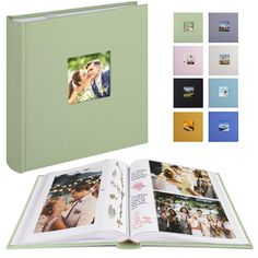 an open photo book with multiple photos inside