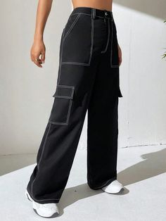 This Casual Top Stitching Flap Pocket Side Cargo Pants! Perfect for a casual style, these plain cargo pants offer a loose and comfortable fit, with a long length that adds a touch of urban flair. Made from high-quality woven fabric (polyester), they are designed for durability. The top stitching adds a stylish detail, while the flap pockets on the sides provide functionality. Detail: Style: Casual Pattern Type: Plain Type: Cargo Pants Length: Long Fit Type: Loose Fabric: Non-Stretch Material: Wo Black Cargo Pants With Contrast Stitching For Streetwear, Casual Cotton Bottoms With Contrast Stitching, Utility Cargo Pants With Contrast Stitching For Streetwear, Baggy Straight Leg Bottoms With Contrast Stitching, Casual Relaxed Fit Bottoms With Contrast Stitching, Casual Bottoms With Contrast Stitching Relaxed Fit, Casual Bottoms With Contrast Stitching And Relaxed Fit, Casual Bottoms With Contrast Stitching, Black Straight Leg Cargo Pants With Contrast Stitching