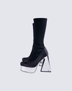 Walk all over them in these black heeled platform boots 🖤 With a striking silver heel, these shoes are the most iconic finishing touch to any outfit 🌟 Edgy Knee-high Platform Heeled Boots, Modern Fitted Platform Boots For Night Out, Trendy Platform Boots With Stacked Heel For Night Out, High Heel Platform Boots For Fall Streetwear, Modern Platform Boots For Streetwear, Trendy Platform Heeled Boots For Night Out, Modern Black Platform Boots For Streetwear, Party Boots With Platform And Pointed Toe, High Cut Platform Boots For Night Out In Fall