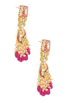 Product Features: Color: Ruby/Mahroon Material: Copper Alloy Embellishment: Semiprecious ruby beads Set Content: 1 Pair of earrings,1 Maang Tikka Dimension: Earrings: Length - 6in, Width - 1.2in Mang tika: Length - 4in, Width - 1.2in Occasion: Party,Festival,Wedding Product Type: Earrings with maangtikka Disclaimer: There will be slight difference in digital to actual image Traditional Dangling Beads Earrings For Reception, Festive Dangling Beads Earrings For Reception, Festive Kundan Earrings With Dangling Beads, Kundan Earrings With Dangling Beads For Festive Occasions, Meenakari Earrings For Festive Reception, Festive Meenakari Beaded Earrings For Celebration, Kundan Earrings With Dangling Beads For Celebration, Traditional Festive Pearl Earrings With Dangling Beads, Festive Traditional Pearl Earrings With Dangling Beads