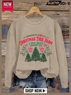 Women's Christmas Griswold Co Christmas Tree Farm Print Crew Neck Sweatshirt Casual Long Sleeve Christmas T-shirt, Casual Christmas Long Sleeve Tops, Casual Long Sleeve Christmas Tops, Casual Christmas Sweatshirt With Letter Print, Casual Fall Holiday T-shirt, Casual T-shirt For Fall Holiday, Casual Fall Holiday Tops, Holiday Crew Neck Tops For Fall, Holiday Crew Neck Top With Relaxed Fit