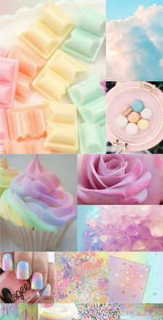 the collage shows pastel colors and different things that are being used in this image