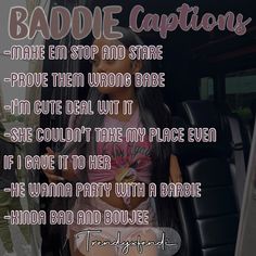 a woman sitting in the back of a car next to a sign that says badie captions