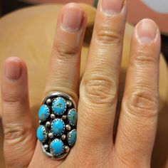 Vintage Sterling Silver Turquoise Stone Native Design Size 6 1/2 Tarnished In Good Pre-Owned Condition Collectible Blue Multi-stone Turquoise Ring, Collectible Multi-stone Blue Turquoise Ring, Southwestern Multi-stone Turquoise Ring, Blue Multi-stone Turquoise Ring In Sterling Silver, Oval Blue Multi-stone Turquoise Ring, Elegant Untreated Blue Turquoise Ring, Elegant Blue Turquoise Ring, Silver Turquoise Ring, Sterling Silver Rings Turquoise