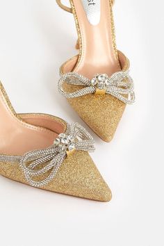 Style: Court ShoesFabric: Fancy Fabric Gold Heels With Bow, Fancy Fabric, Pierced Jewelry, Gold Shoes, Gold Heels, Latest Shoes, Tie Shoes, Quick Delivery, Shoe Collection