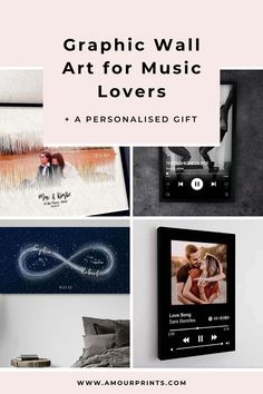 some pictures with text that reads graphic wall art for music lovers i a personalised gift