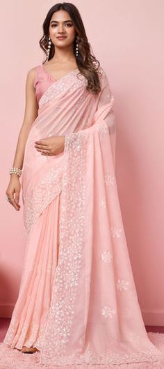 Pink and Majenta color Saree in Organza Silk fabric with Embroidered, Thread work