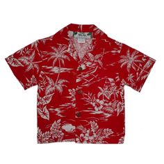 Vintage Boy's Hawaiian Shirt Red Summer Family Matching Short Sleeve Tops, Summer Short Sleeve Tops For Family Matching, Casual Short Sleeve Hawaiian Shirt For Holiday, Red Beach Shirt For Summer, Casual Short Sleeve Shirt For Holiday, Red Summer Beach Shirt, Red Camp Collar Top For Summer, Red Vacation Shirt For Spring, Red Tropical Shirt For Vacation