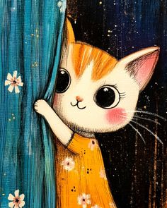 a painting of a cat peeking out from behind a curtain with daisies on it