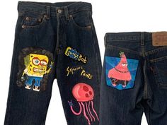 "Painted jeans women's Levi's custom made Spongebob Square Pants denim jeans. Intruducing **GRUNGEBOB Straight leg dark wash. Two pockets front and back. Your classic levi's style.  Measurements: Waist: 25\" Length 30\"  Front rise: 10\" Back rise: 12\" I loved Sponge Bob growing up!  And secretly, I still like it know!  BUT...I also love rock n' roll...and there came INSPIRATION!  The star of the show is GRUNGEBOB adorned with baggy jeans and white, holy t shirt.  Putting up the rock n' roll si Rock And Roll Sign, Hand Painted Jeans, Pink Jellyfish, Spongebob Square, Short Noir, Hot Green, Gucci Glasses, Square Pants, Painted Jeans