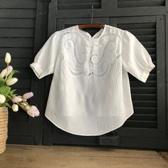 "French Edwardian Lace & Embroidery Blouse ja 3052105 Beautiful French white embroidery lace blouse from the early 1900s, Edwardian period. Delicate and airy cotton batiste has delicate lace accent at the front and around the collar (hand done). Amazing white on white embroidery design with tiny tuck seams...very well done. Tiny mother of pearl button closure at the back. Short sleeves with cuff end. The fabric is light, delicate and sheer, best worn with a camisole. Measuring; 34\" bust (fr Bohemian Broderie Anglaise Short Sleeve Blouse, Bohemian Blouse With Broderie Anglaise Short Sleeves, White Short Sleeve Blouse With Lace Work, White Lace Work Blouse With Short Sleeves, White Broderie Anglaise Lace Top With Short Sleeves, Bohemian Broderie Anglaise Blouse For Daywear, Short Sleeve Lace Blouse With Broderie Anglaise, White Victorian Blouse For Summer, Lace Blouse With Broderie Anglaise Short Sleeves