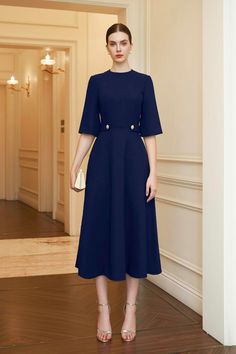 Blue A-line Midi Dress For Formal Occasions, Elegant Solid Color A-line Midi Dress, Elegant A-line Maxi Dress For Office, Chic Mid-length Tea Length Evening Dress, Elegant Blue Embroidered Midi Dress, Chic Solid Color Midi Dress, Office Midi Dress In Solid Color, Office Knee-length Midi Dress, Office Knee-length Solid Midi Dress