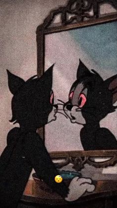 two black cats looking at each other in front of a mirror