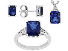 8.48ctw Rectangular Octagonal Lab Created Blue Sapphire Rhodium Over Sterling Silver Jewelry Set. Ring Measures Approximately 0.33"L x 0.39"W. Not sizeable. Earrings Measures Approximately 0.30"L x 0.21"W. Push backings. Pendant Measures Approximately 0.63"L x 0.31"W. 2mm bail. Lobster clasp with 2"extender. Rectangular Lab-created Sapphire Fine Jewelry, Formal Gia Certified Sapphire Jewelry, Classic Rectangular Lab-created Sapphire Jewelry, Formal Jewelry With Rectangular Stone Prong Setting, Sapphire Radiant Cut Sterling Silver Jewelry, Formal Jewelry With Square Cut Accent Stones, Square Cut Jewelry With Accent Stones For Formal Occasions, Formal Sapphire-colored Emerald-cut Jewelry, Formal Square Cut Jewelry With Accent Stones