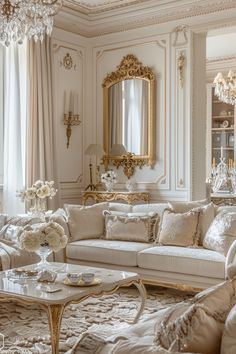 an elegant living room with white furniture and chandelier