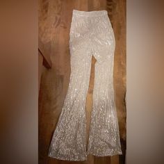 Champagne Color. Sequined All Over. Flare Bottom 33 Inch Inseam- Good With A Pair Of Heels Zipper Hand Wash Only In Back High Waisted Trouser Pants, Flowy Wide Leg Pants, Gingham Pants, Casual Professional, Satin Trousers, Black Diamond Ring Engagement, Bright Patterns, Black Flare, How To Hem Pants