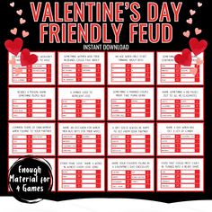 valentine's day friendly fud game with hearts on it and the words,