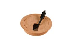 a wooden object with a black cord attached to it's end and an electrical plug in the middle