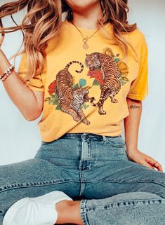 Tiger Shirt Comfort Colors® Yin Yang Floral Tiger Graphic Tee Botanical Shirt Year of the Tiger Boho Hippie Animal Indie Flowers Cottagecore - Etsy Short Sleeve Tiger Print T-shirt For Summer, Tiger Print Short Sleeve T-shirt For Summer, Yellow Cotton Top With All Over Print, Casual Tiger Print Tops, Yellow Casual Tops With All Over Print, Casual Yellow Tops With All Over Print, Casual Tiger Print Tops For Spring, Yellow Printed Crew Neck Shirt, Yellow Casual T-shirt With All Over Print