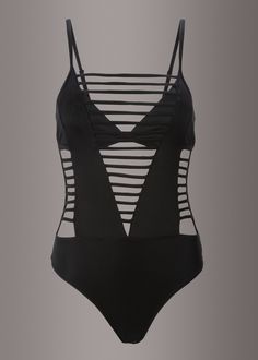 Black V-neck Beachy Swimwear, Black Backless Bodysuit For Beach Party, Summer Vacation Strappy Bodysuit, Strappy Summer Bodysuit For Vacation, Strappy Bodysuit For Summer Vacation, Strappy Beach Bodysuit With Lined Body, Black One-piece Swimsuit With Lined Body For Beach, Black One-piece Swimwear With Lined Body For Beach, Strappy Summer Beach Bodysuit