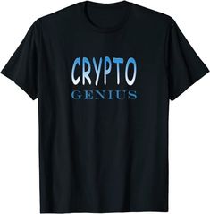 CRYPTO GENIUS t-shirt for men women and children in many colors.  This t-shirt is in bold text which simply says crypto genius across the chest, in light blue and dark blue letters.  Sharp crisp fonts, with a high impact look.  Crypto genius t-shirt can be bought now at Amazon.