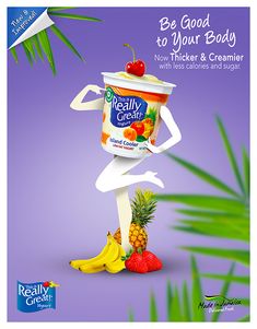 an advertisement for really creme featuring a cartoon character holding a cup of yogurt