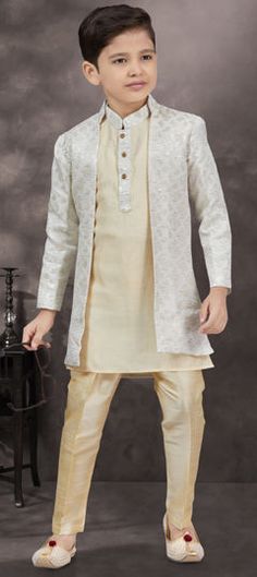 White and Off White color Boys Indo-Western in Banarasi Silk, Jacquard fabric with Sequence, Thread work Traditional Jacquard Kurta For Wedding, Traditional White Kurta For Ceremony, Festive Jacquard Kurta For Wedding, White Sherwani With Self Design For Transitional Season, Festive White Sherwani With Self Design, White Traditional Wear For Eid Ceremony, White Traditional Wear For Ceremony On Eid, White Resham Embroidered Kurta For Ceremony, White Resham Embroidery Kurta For Ceremony