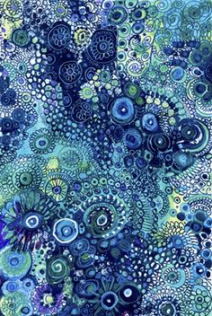 an abstract painting with blue and green circles on the bottom, surrounded by smaller circular shapes