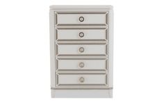 a white dresser with drawers and knobs on the bottom drawer, in front of a white background