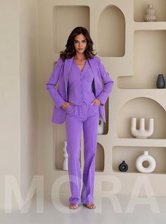 Three-piece pantsuit for women: straight leg pants with high rise, buttoned vest and lined blazer Please note suit measurements  Pants length inseam is 36 inches or 91 cm Sleeve length 24 inches or 61 cm Our Women's Blazer Trouser Suit for office, business meetings, formal events and special occasions. Always trendy, classic and o good looking DETAILS -  straight leg pants -  high rise -  blazer is buttoned -  lined -  side pockets -  relaxed fit -  single breasted -  buttoned vest MATERIAL Prem Workwear Sets With Suit Collar And Single Button, Workwear Sets With Single Button And Suit Collar, Office Three-piece Suit With Single Button And Suit Collar, Office Three-piece Suit With Suit Collar And Single Button, Office Three-piece Suit With Single Button, Spring Three-piece Suit With Notch Lapel For Work, Formal Set With Pockets And Straight Pants, Spring Workwear Three-piece Suit With Notch Lapel, Formal Sets With Pockets And Straight Pants