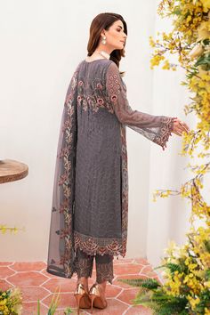 Brand: RamshaProduct Code: Chiffon Vol-24 F-2409Collection: Ramsha Unstitched Luxury Chiffon Collection Vol-24Fabric: Chiffon DETAILS: Embroidered Chiffon front with sequins Embroidered Chiffon back Embroidered Chiffon sleeves Embroidered organza sleeves lace Embroidered organza ghera lace Embroidered chiffon dupatta – 2.50 Meter Raw silk trouser – 2.5 Meter Embroidered organza trouser lace DISCLAIMER:* Lining, Laces, and Tassels are not included in unstitched variants.* Embellishment items in s Grey Dupatta, Pakistani Designer Clothes, Chiffon Sleeves, Organza Sleeves, Chiffon Collection, Embroidered Chiffon, Embroidered Organza, Chiffon Dupatta, Silk Trousers