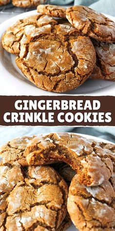 gingerbread crinkle cookies on a white plate with the title in the middle