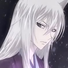 an anime character with long white hair wearing a tie and looking at the camera while standing in front of snow