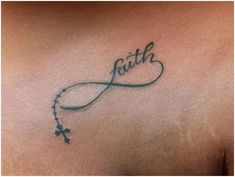 a woman's chest with the word faith written in cursive writing on it